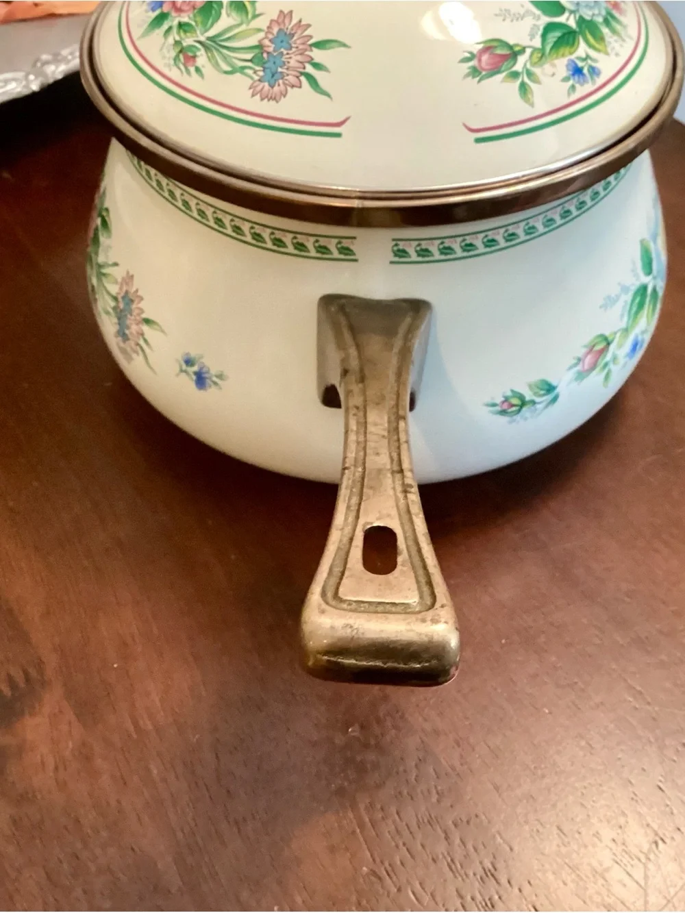 Vtg. Floral Enamel Saucepan with Brass Handle - White Multicolor